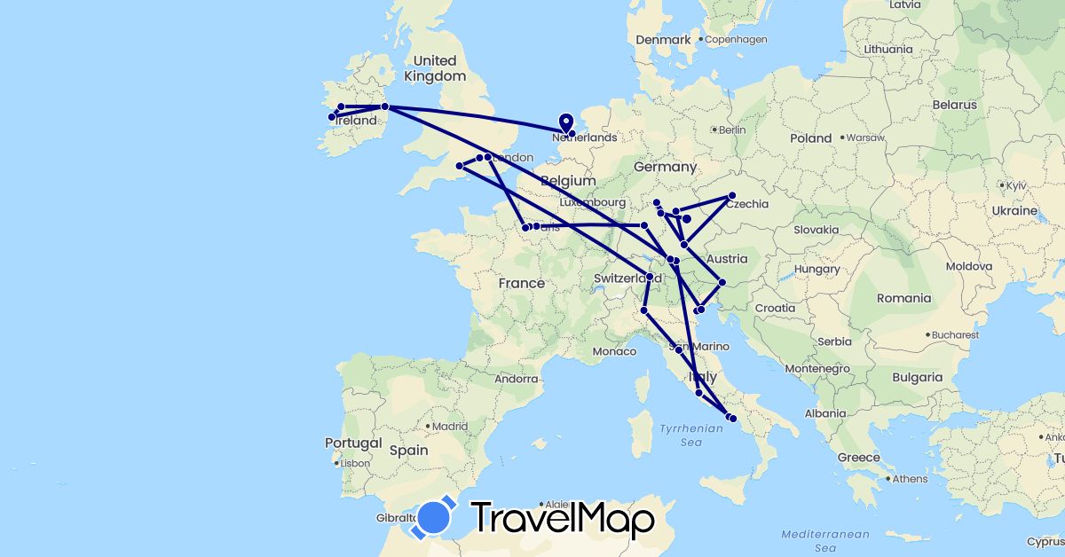 TravelMap itinerary: driving in Austria, Switzerland, Czech Republic, Germany, France, United Kingdom, Ireland, Italy, Netherlands, Vatican City (Europe)